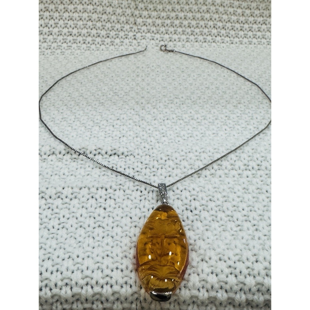 Amber Color Carved Flower Pendant Necklace 18" Silver Tone